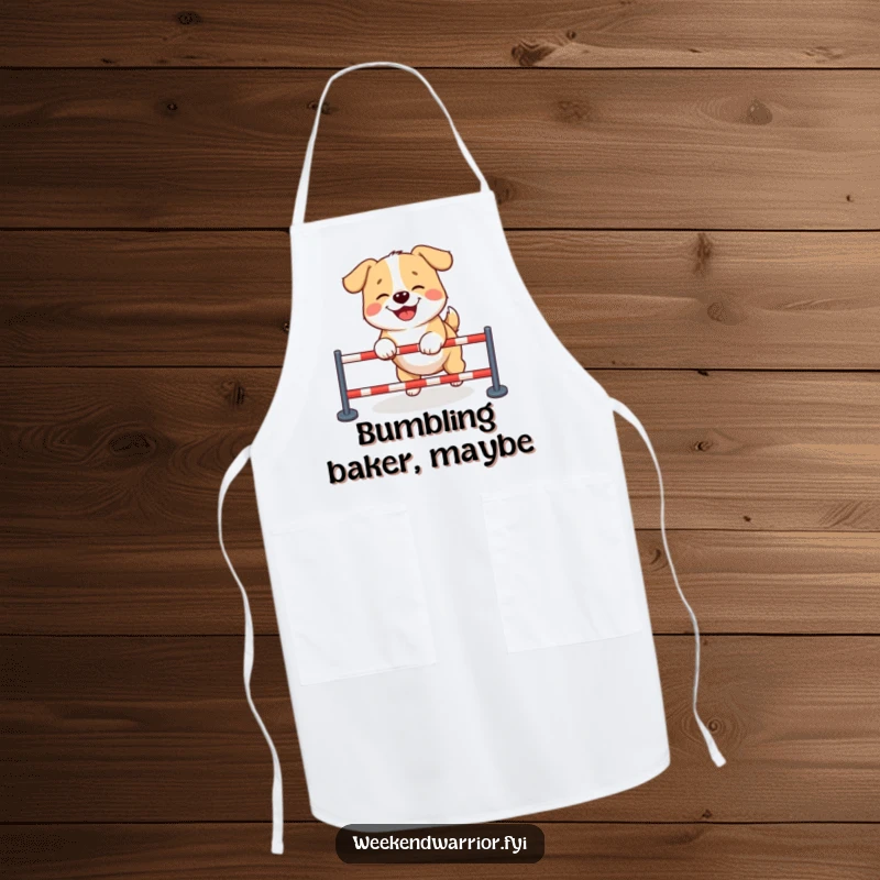 Funny dog apron featuring a giggling dog expertly maneuvering through a tiny obstacle course, adding humor to kitchen tasks.