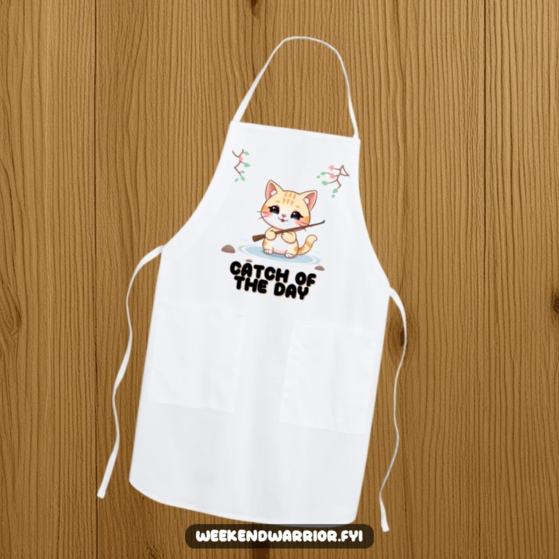 Funny apron featuring a smiling cat character fishing by a lake, perfect for a fun and relaxed cooking experience.