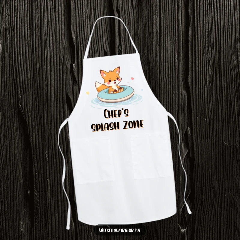 Funny fox raft puddle apron featuring a cheerful fox riding an inflatable raft, perfect for adding humor to kitchen activities.