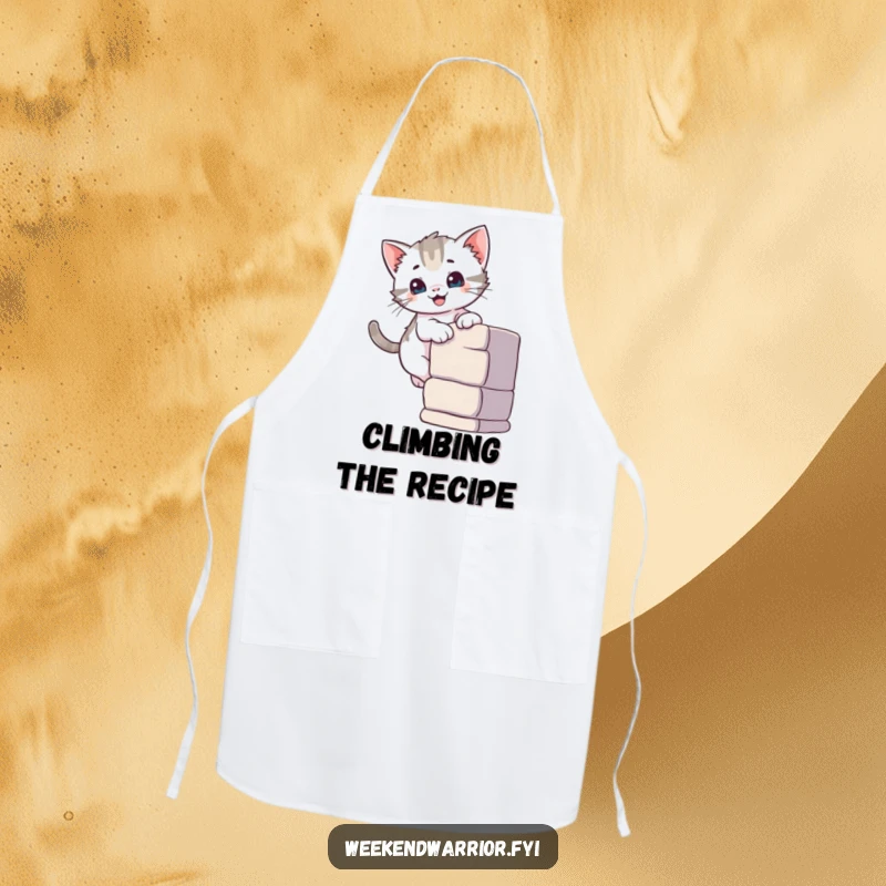 Funny apron of a curious kitten smiling while climbing a small wall, perfect for a playful kitchen look.