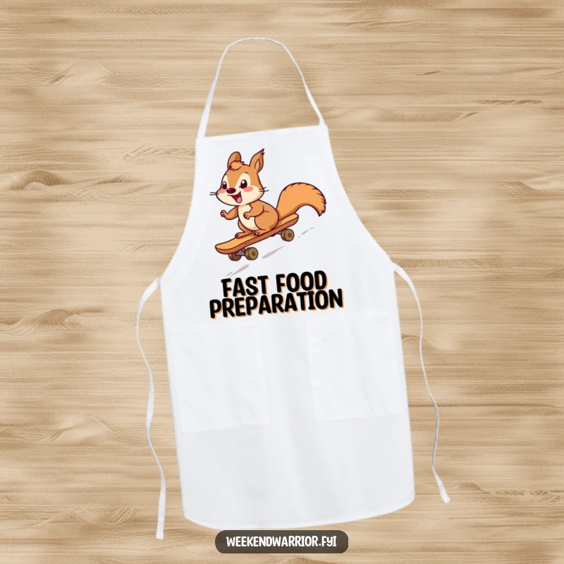 Funny squirrel character mid-skateboard ride, printed on a chef's apron, ready for humorous kitchen antics and spills.