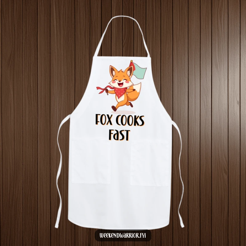 Funny fox apron depicting a joyful fox wearing a bandana, running with a flag, ideal for chefs who love to celebrate meals.
