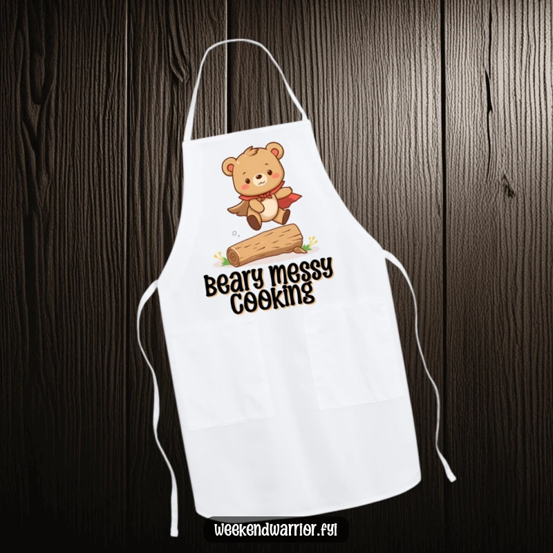 Funny apron featuring a cute bear cub in a cape, heroically leaping over a small log, ready for kitchen adventures.
