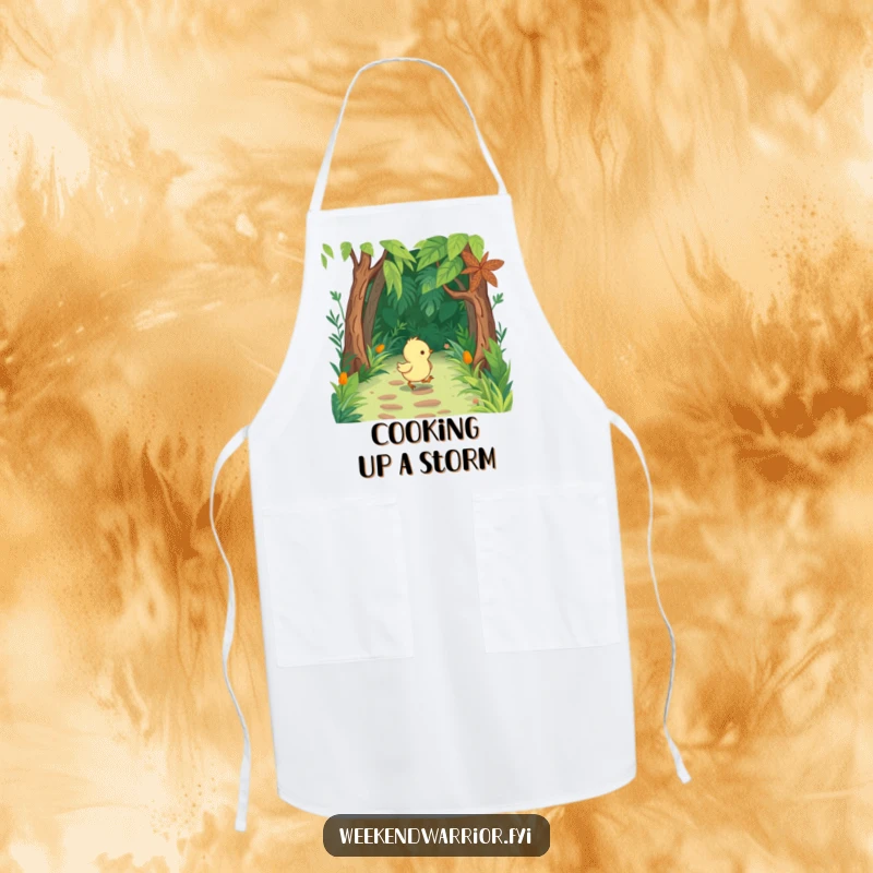 Funny Chick Apron with tiny boots, marching through a lush jungle path, ideal for kitchen adventures.
