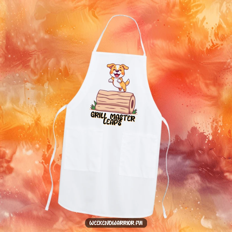 Funny Jumping Dog Apron with a cheerful dog performing a spectacular jump over a log, ideal for kitchen fun.