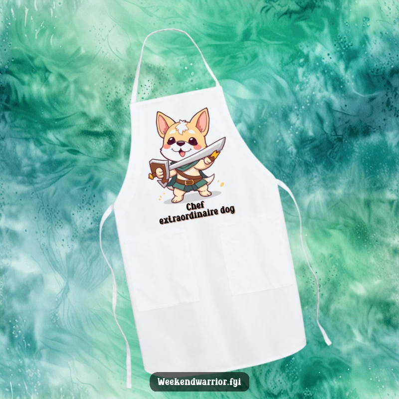 Funny apron depicting a playful dog character with a sword and shield, ideal for protecting during cooking.