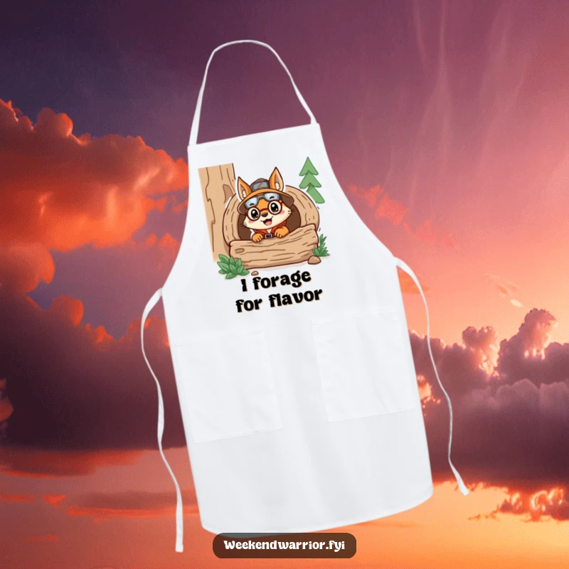 Funny apron featuring a delighted squirrel explorer peeking from a log, perfect for kitchen adventures and adding humor to cooking.