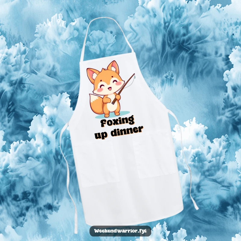 Funny apron featuring an excited kawaii fox holding a fishing rod, ready for kitchen adventures with a cheerful demeanor.