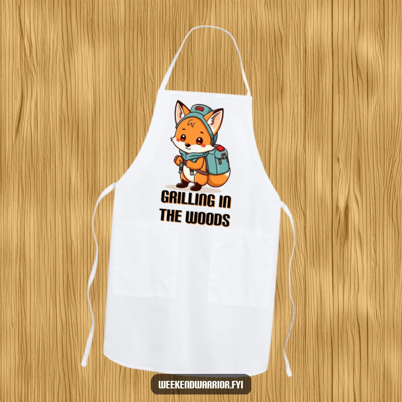 Funny fox wearing a chef hat and apron, carrying a camping backpack, ready to cook humorously.
