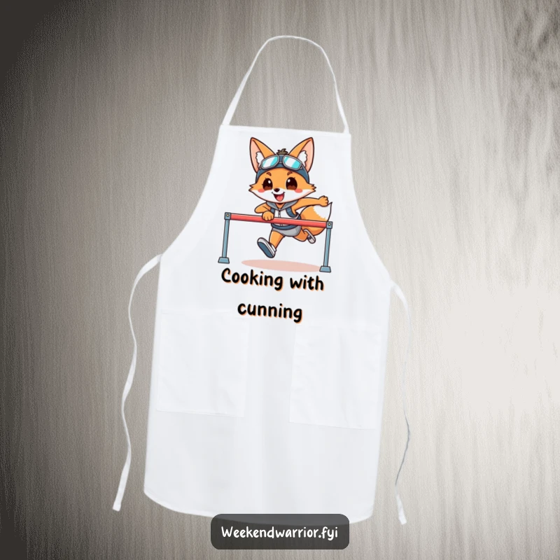 Funny apron depicting a smiling fox in athletic gear jumping over a hurdle, perfect for active chefs.