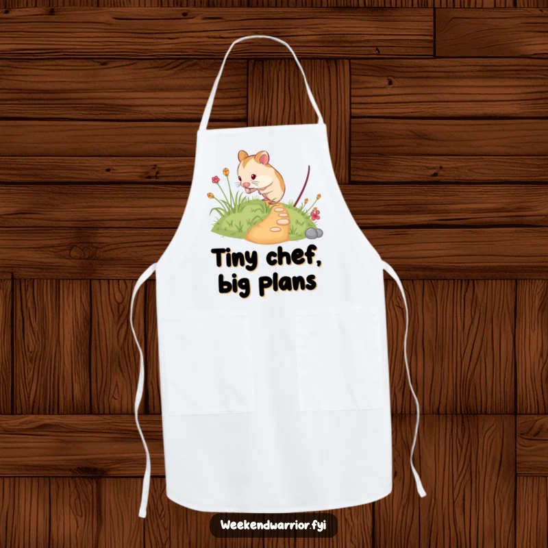 Funny hamster apron illustrating a curious rodent exploring a tiny, overgrown path, perfect for kitchen adventures and lighthearted cooking.