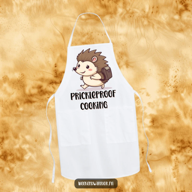 Funny apron featuring a happy hedgehog with a backpack, marching forward with resolute intent, ready for culinary journeys.