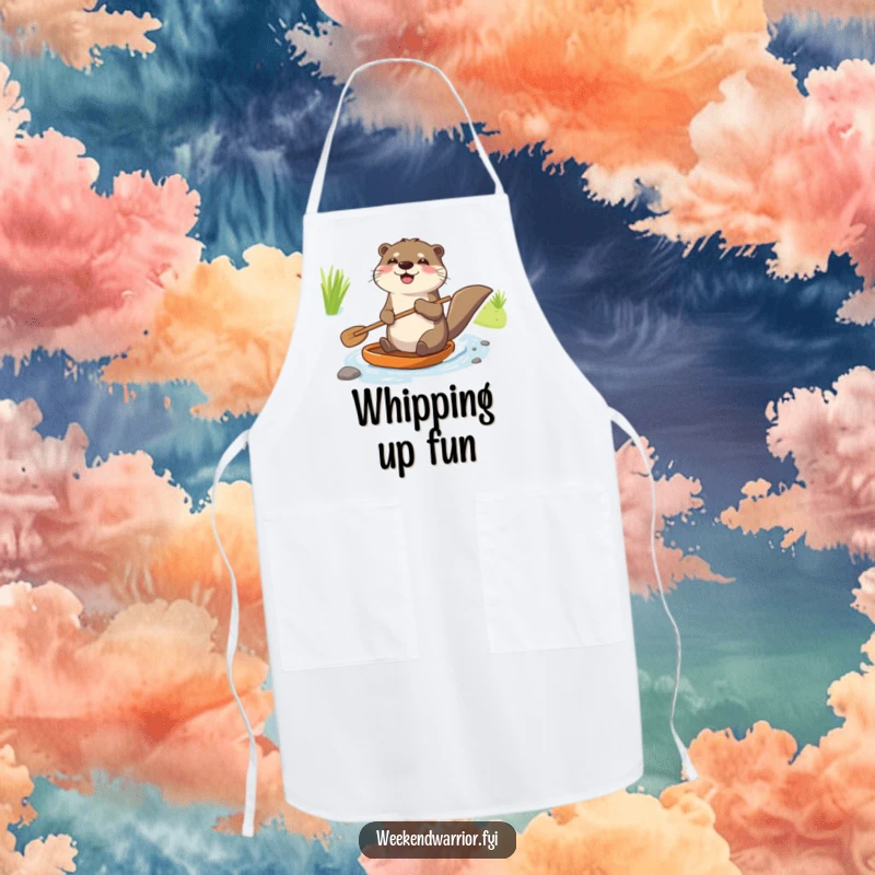 Funny apron with a joyful otter holding a paddle and paddling enthusiastically down a tiny stream, fun for cooking.