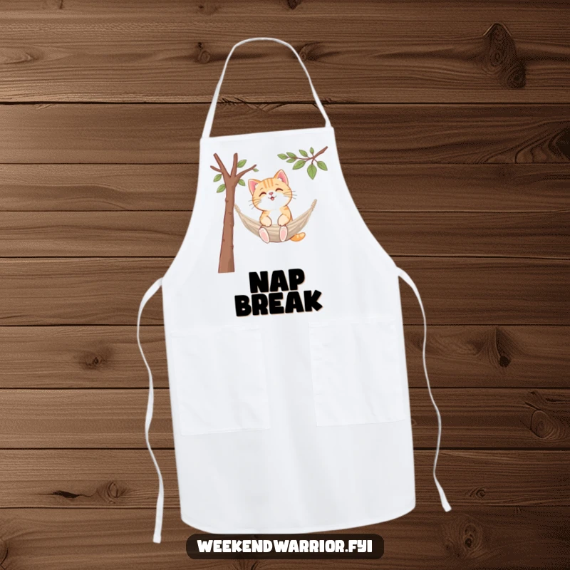 Funny kawaii cat apron, setting up a tiny hammock between branches, kitchen-themed and amusing.