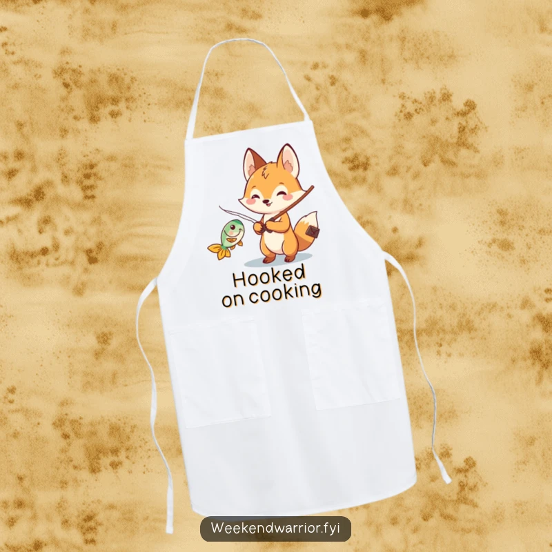 Funny Kawaii fox apron showing a cheerful character holding a fishing rod and reeling in a catch, perfect for kitchen fun.