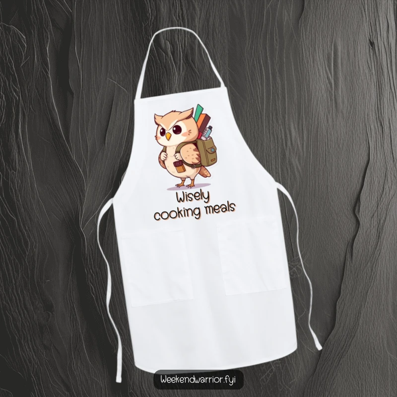 Funny Kawaii Owl Apron showing a curious character with a backpack, perfect for kitchen adventures with humor. Great funny gift.