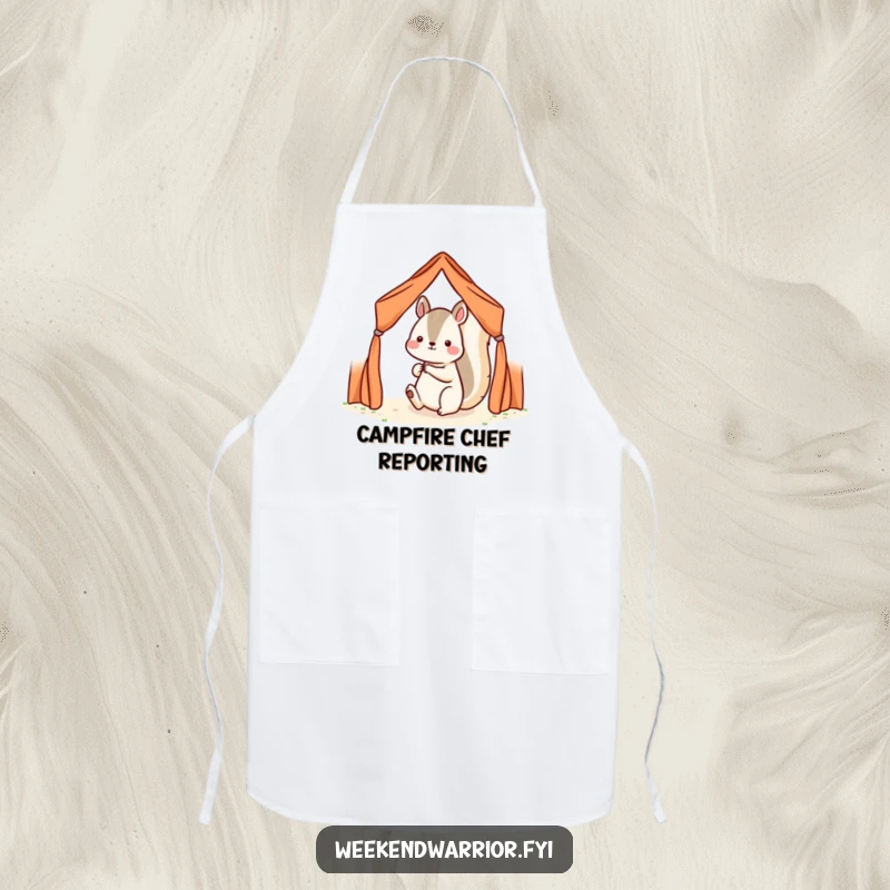Funny Kawaii squirrel character humorously setting up a small tent on a cooking apron, ready for kitchen tasks.