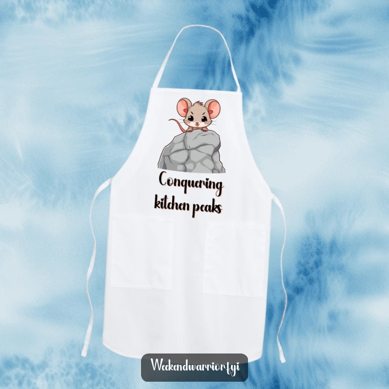 Funny apron with a brave mouse character determinedly climbing a small rock face, ideal for protecting clothes during cooking adventures.