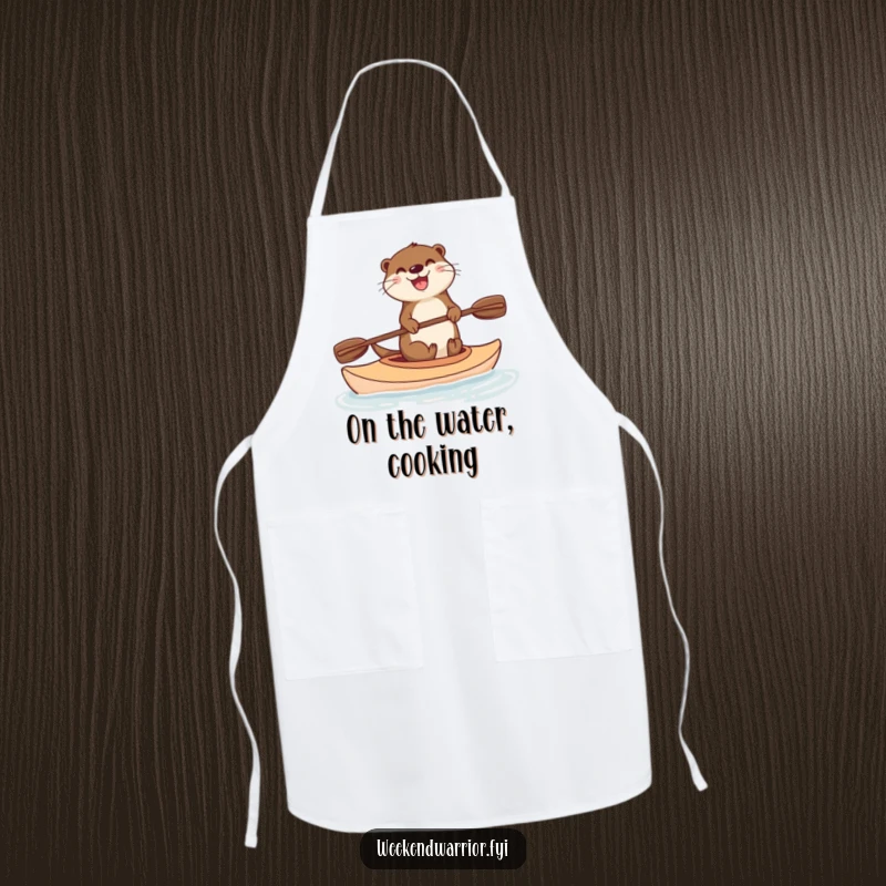 Funny apron showing a delighted otter balancing on a kayak, paddle in use, ready for kitchen adventures with humorous flair.
