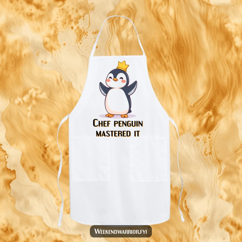 Funny apron with a proud penguin character standing tall, ready to cook after achieving a goal.