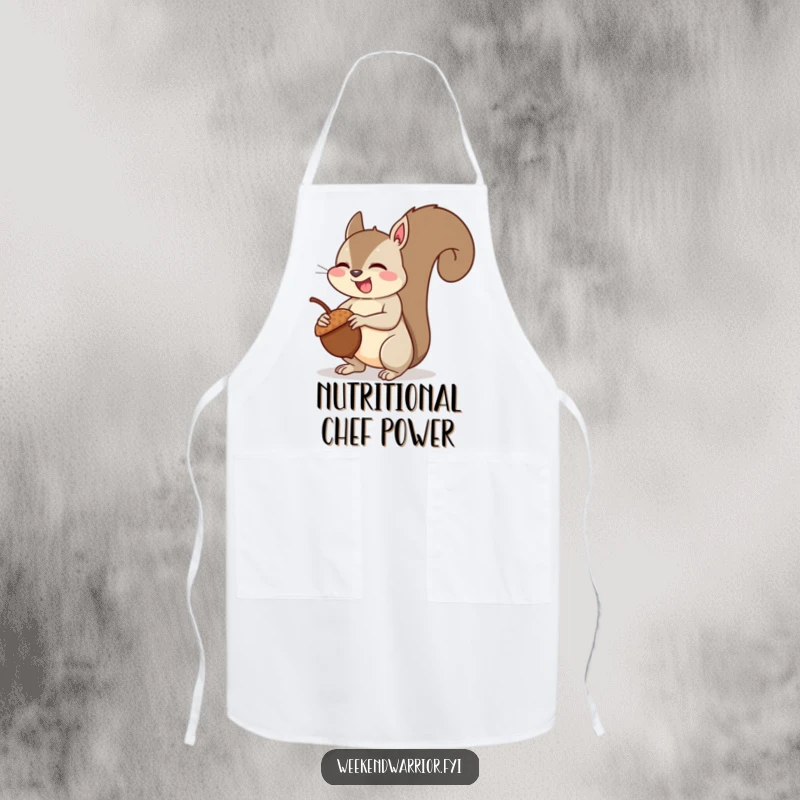 Funny squirrel muscle apron showing a giggling squirrel flexing its arm muscles after lifting an acorn, perfect for culinary adventures.