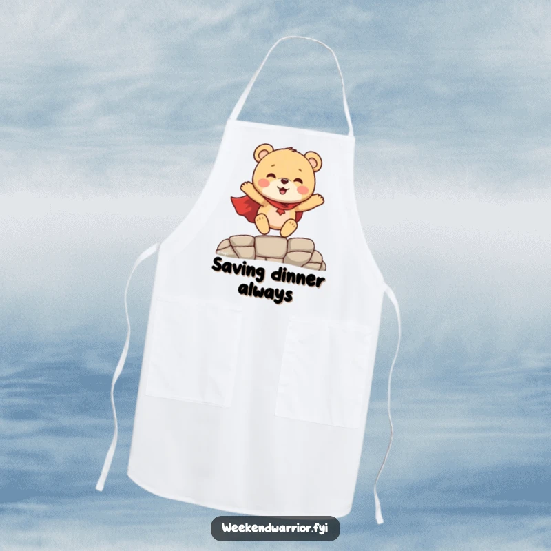 Funny Superhero Bear Cub Apron, a happy bear cub in a superhero cape, a humorous and protective garment for kitchen fun.