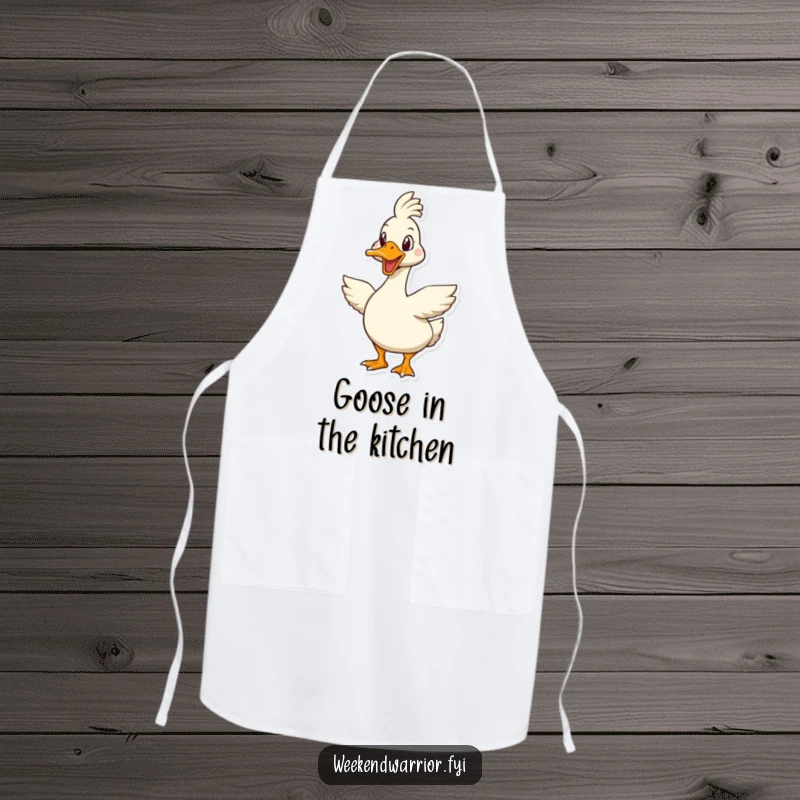 Funny goose apron showing an enthusiastic goose character ready for a tough challenge, perfect for cooking and baking.