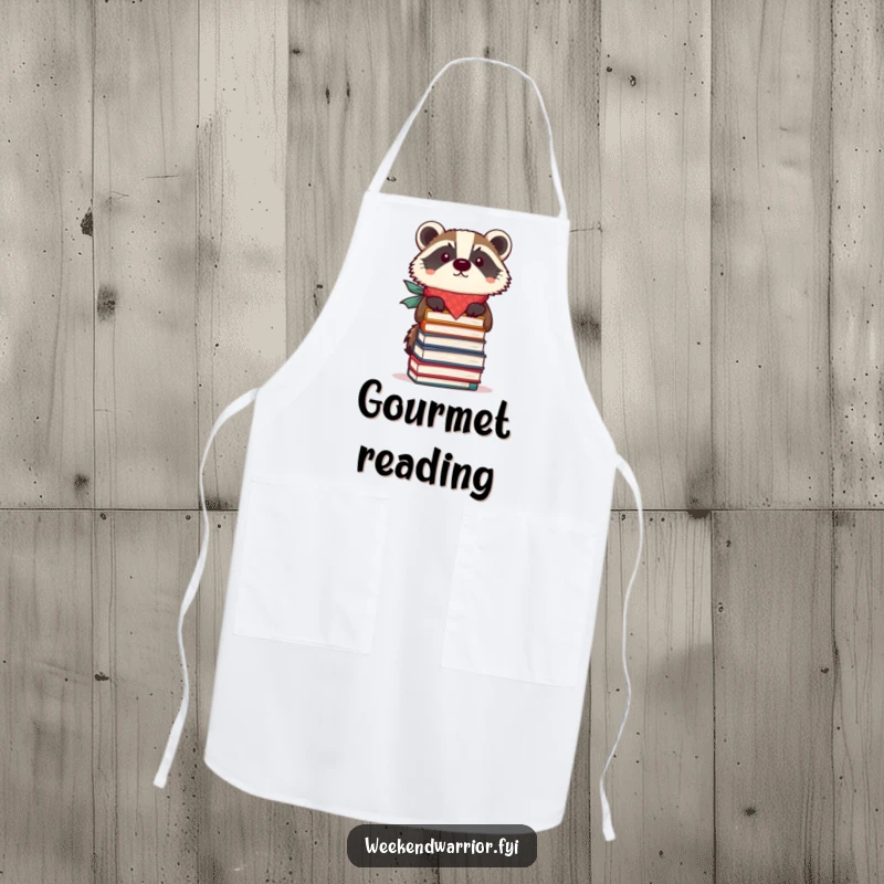 Funny apron with a focused badger in a bandana balancing a stack of books, fun for cooking and reading.