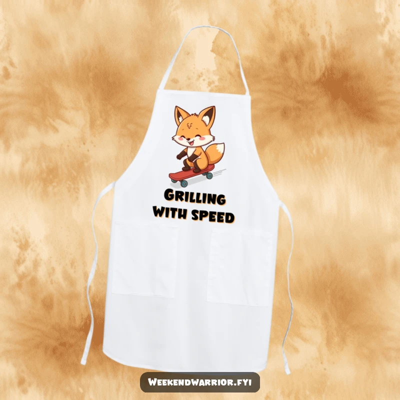 Funny apron featuring a fox skateboarding downhill with a grin, perfect for adding wild humor and protection to any culinary task.