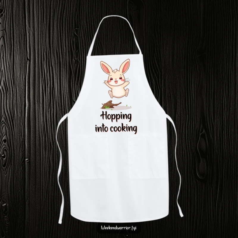 Funny apron featuring a rabbit in a victorious mid-air leap over a twig, perfect for a playful cook.