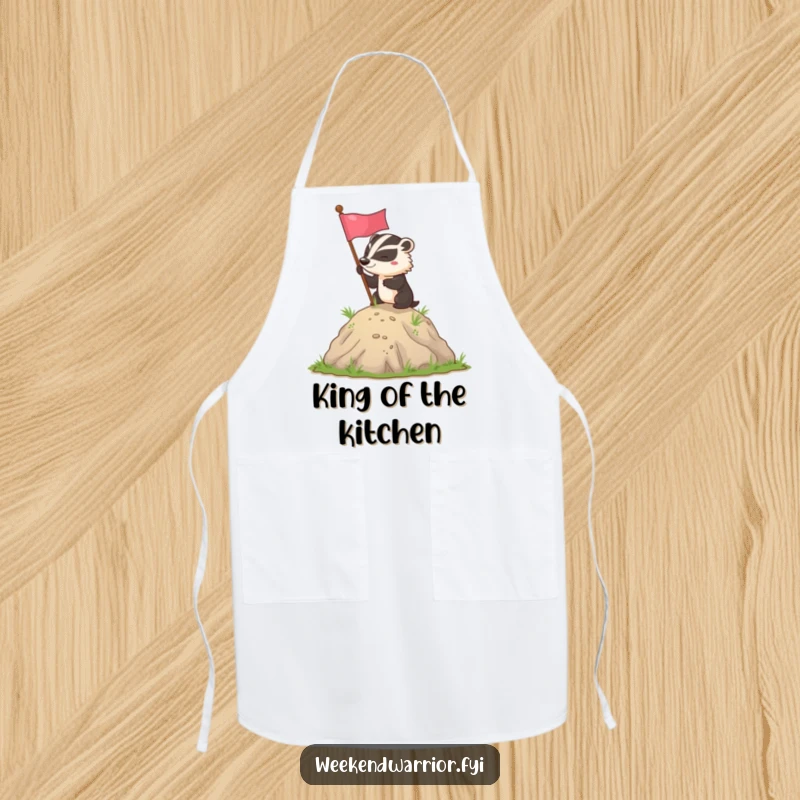 Funny badger flag planting apron showing a determined badger planting a flag, perfect for culinary adventures and celebrating cooking success.