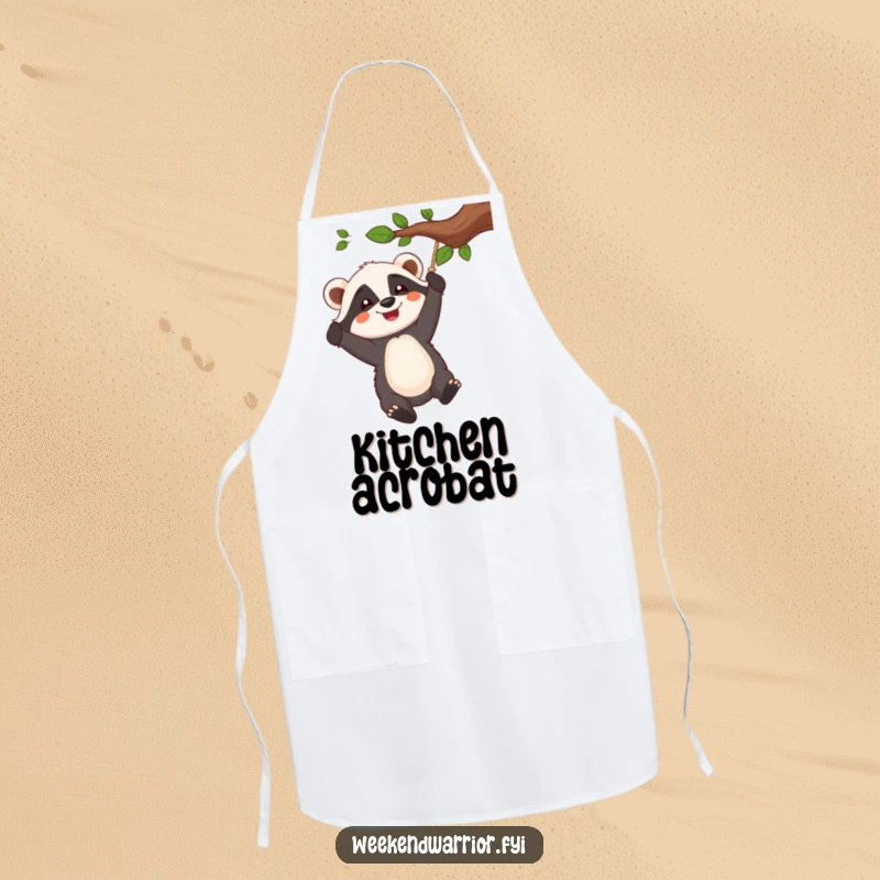 Funny apron showcasing a cheerful badger character enthusiastically swinging from a rope tied to a tree branch.