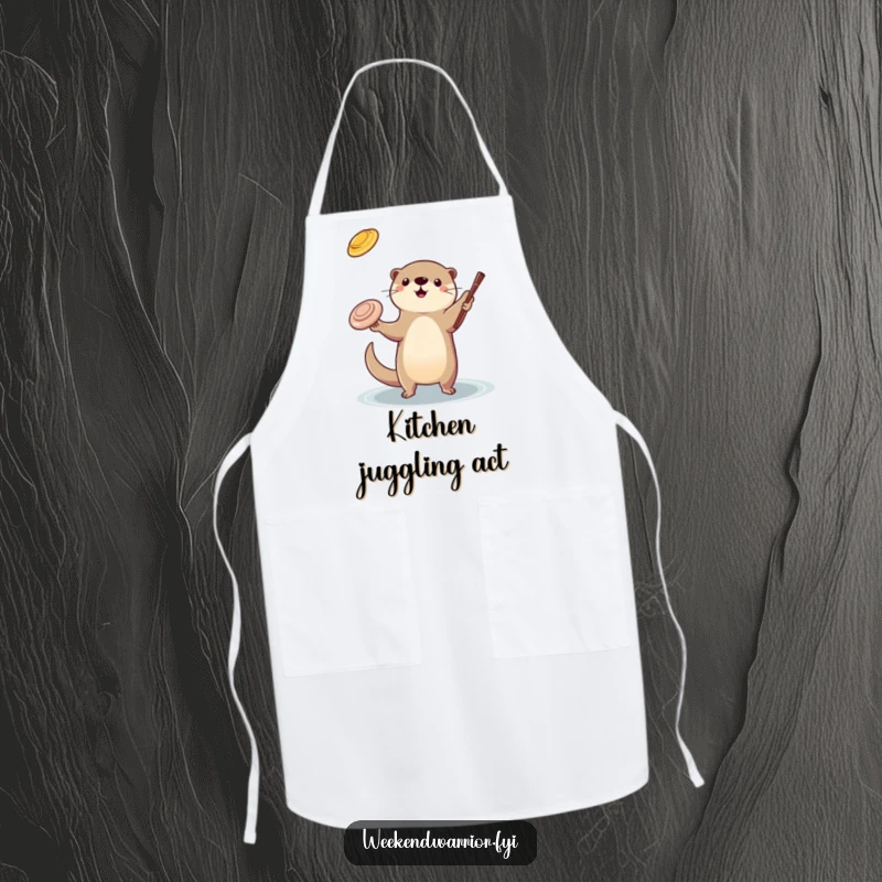Funny otter juggling apron showing a playful otter skillfully juggling a frisbee and a stick, ideal for kitchen creativity.