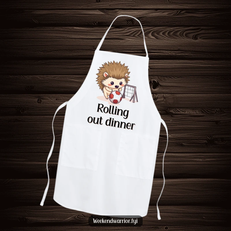 Funny apron of a determined hedgehog rolling a small ball towards a makeshift goal, perfect for a playful kitchen.