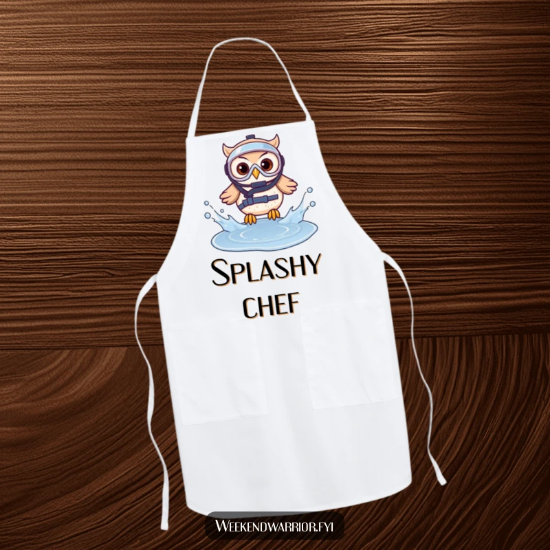 Funny apron with a brave owl in diving gear splashing into a puddle, perfect for adding humor to cooking.