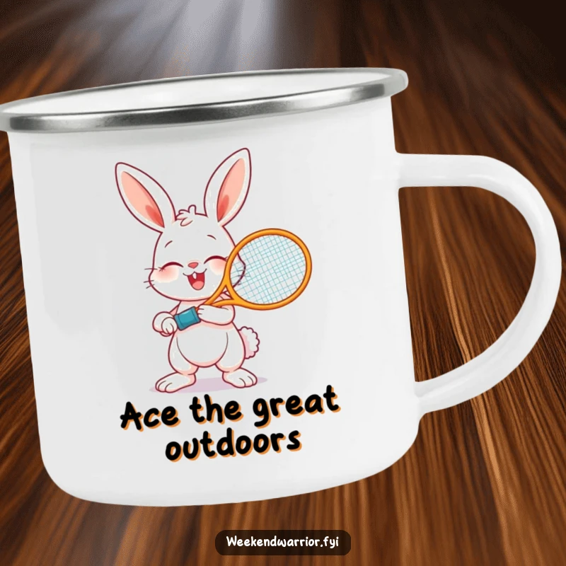 Funny camping mug featuring a bunny ready to play tennis, perfect for enjoying drinks outdoors with a sporty and humorous touch.