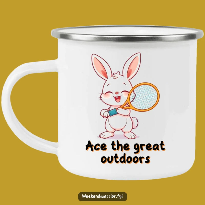 Funny Giggling Bunny Tennis Camping Mug - Adventure with Sporting Spirit