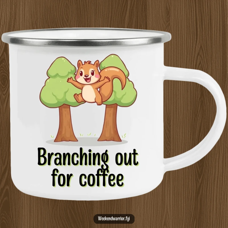 Funny joyful squirrel leaping between two trees on a durable camping mug.