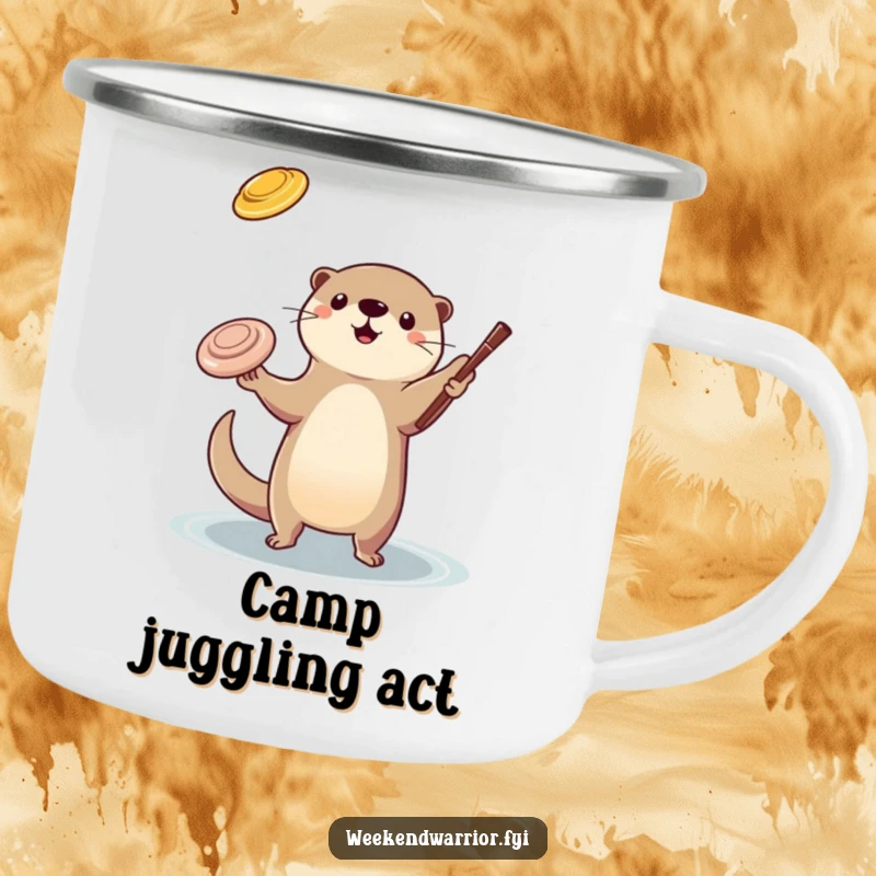 Funny otter juggling camping mug showing a playful otter tossing a frisbee and a stick, perfect for outdoor trips and skill appreciation.