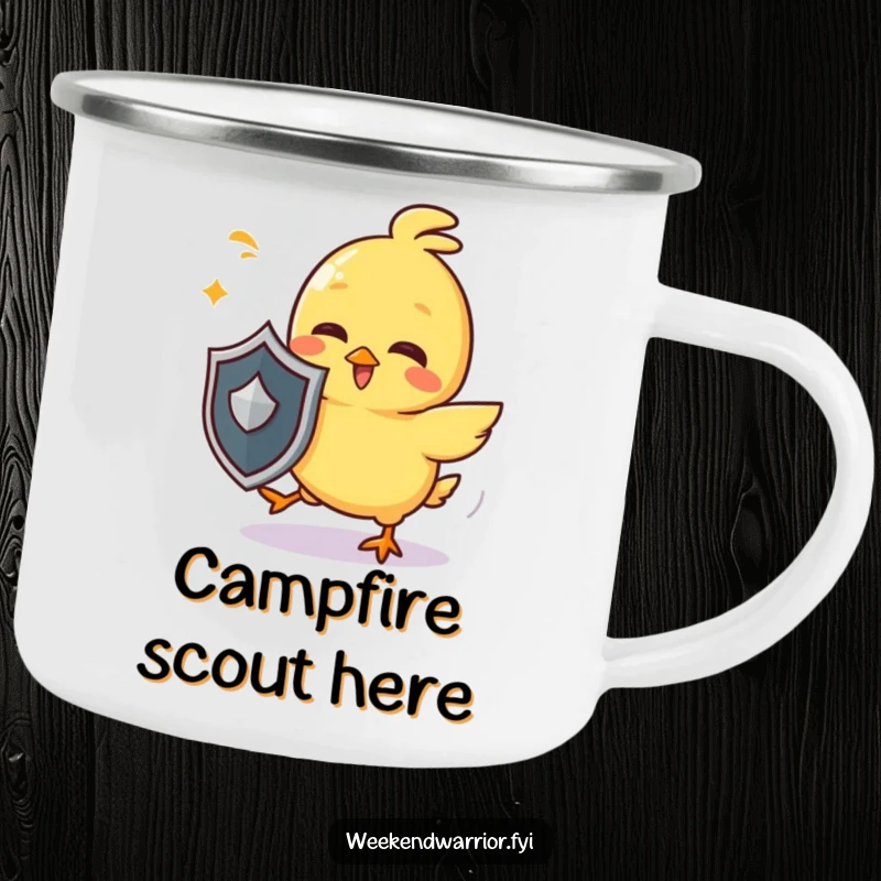 Funny chick camping mug with a giggling yellow character holding a tiny shield and playfully dodging imaginary attacks, for humorous adventures.
