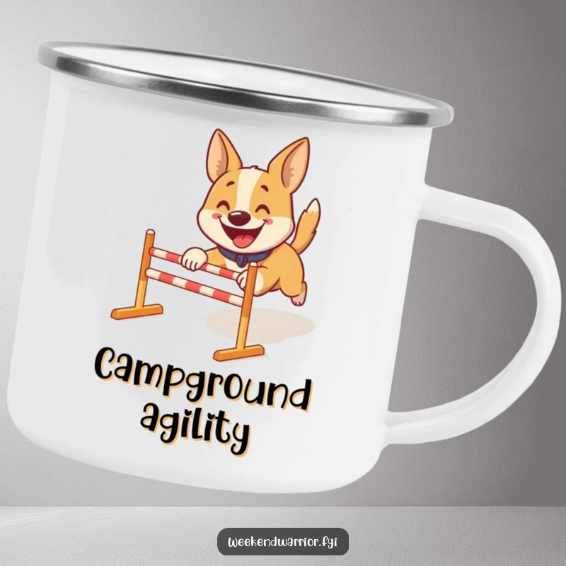 Funny camping mug: A smiling dog energetically leaping through a miniature obstacle course, ready for adventure.