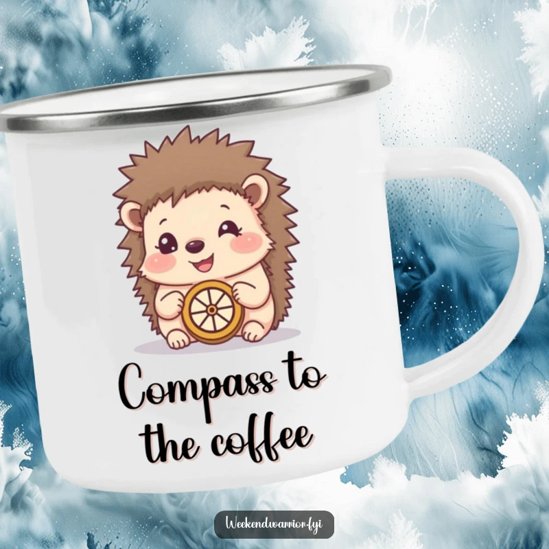 Funny camping mug with a happy hedgehog using a makeshift compass, built for outdoor use and designed to bring whimsical charm.