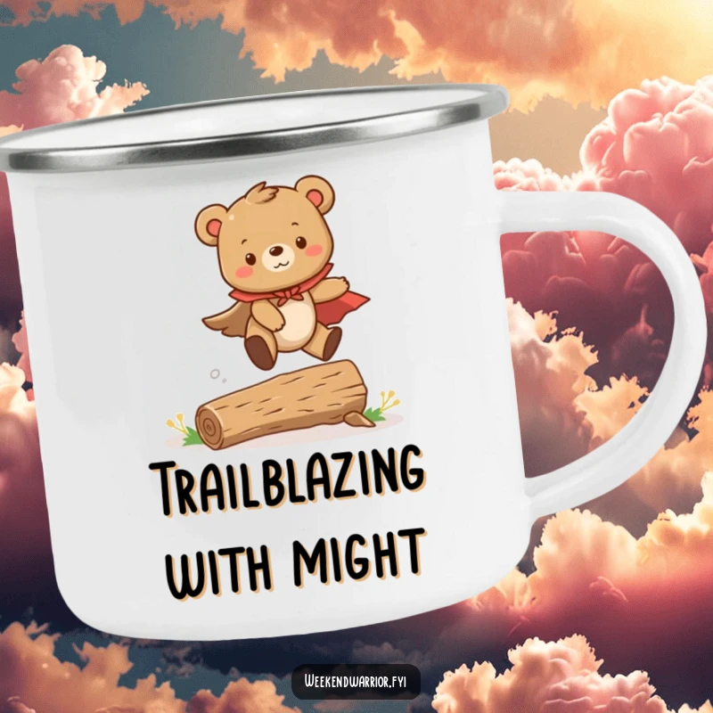 Funny camping mug showcasing a cute bear cub in a cape, heroically leaping over a tiny log, perfect for outdoor drinks.