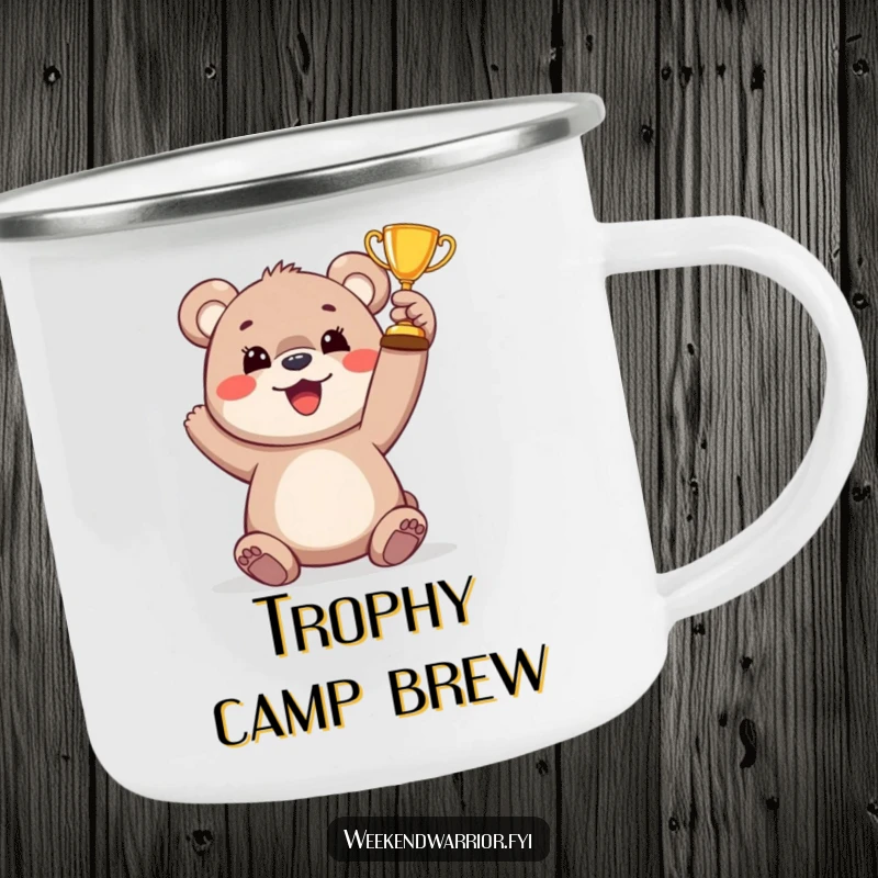 Funny bear cub trophy camping mug featuring a happy cub raising a tiny trophy, great for outdoor trips and celebrating achievements.