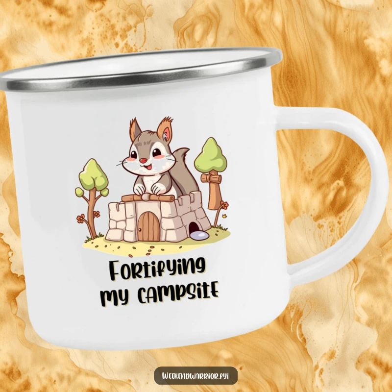 Funny Builder Squirrel Camping Mug with a determined squirrel building a fort, perfect for outdoor use.