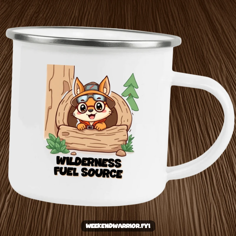 Funny camping mug featuring a delighted squirrel explorer peeking from a log, perfect for rustic adventures and hot beverages.