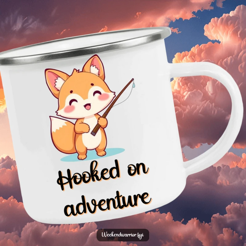 Funny camping mug featuring an excited kawaii fox holding a fishing rod, ready for outdoor fishing trips and brews.