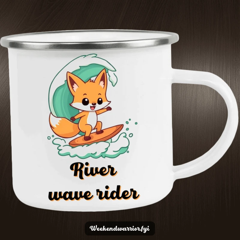 Funny camping mug with a playful fox character confidently surfing a stylized green wave, perfect for outdoor use.