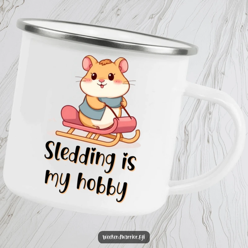 Funny hamster camping mug featuring a proud hamster pushing a sled uphill, perfect for those who embrace challenges.