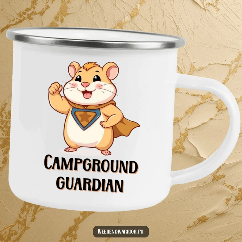 Funny camping mug with a muscular hamster superhero flexing its bicep and wearing a cape, perfect for outdoor adventures.